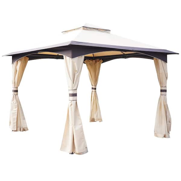 Tenleaf 10 ft. x 10 ft. White Outdoor Patio Gazebo Canopy with 2-Tier Soft Top Roof, Steel Frame, Netting and Curtains