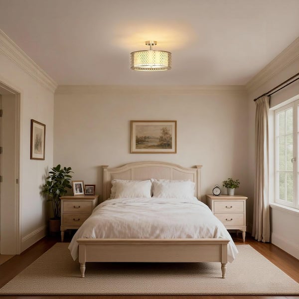 17 in. 3-Light Brushed Nickel Semi-Flush Mount Ceiling Light with White Fabric Shade and Modern Geometric Metal Frame