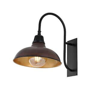 Stanley 12.25 in. Wood Finish/Copper 1-Light Farmhouse Industrial Indoor/Outdoor Iron LED Gooseneck Arm Outdoor Sconce