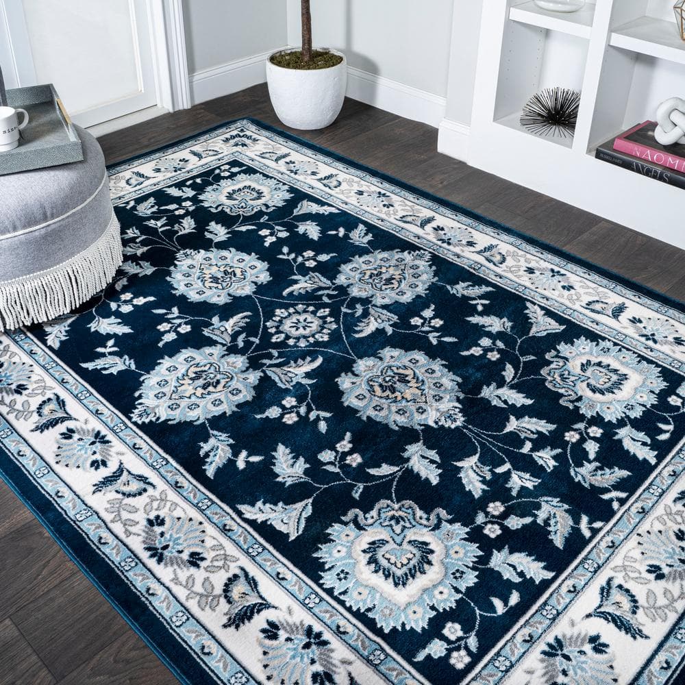 Navy and Ivory Rectangular Synthetic 4' x 6' Area Rug