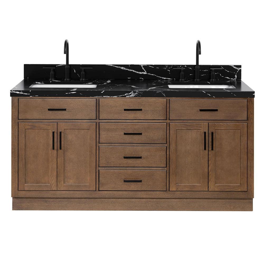 Hepburn 72 in. Double Sink Freestanding Bath Vanity in Brown Oak with Nero Marquina Black Quartz Top price history on PriceWatchPro