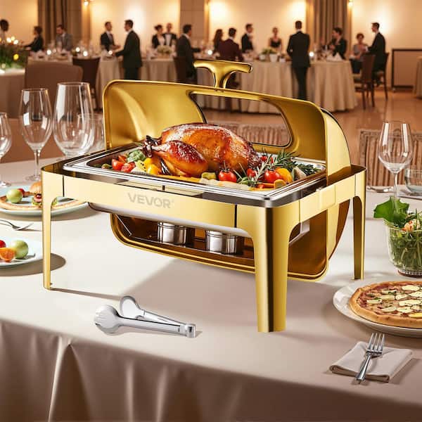 Roll Top Chafing Dish Buffet Complete Set, 9 qt. Stainless Steel Chafer with Full Size Pan, Rectangle Catering Warmer