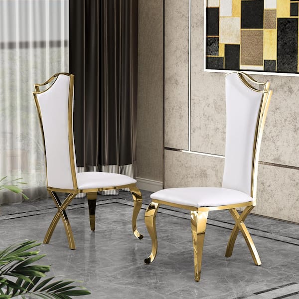 White Faux Leather Tufted Dining Side Chairs, Stainless Steel Legs - Set of 2
