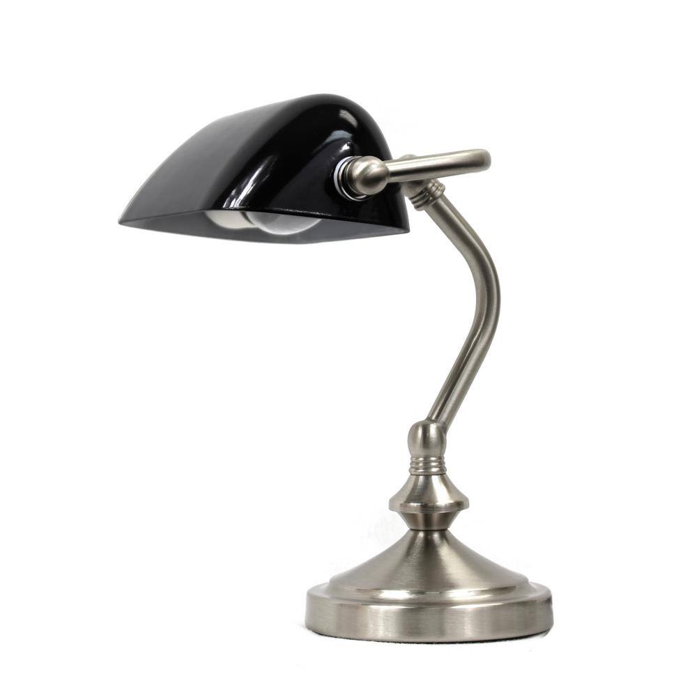 Petite Brushed Nickel Bankers Table Lamp with Black Glass Shade
