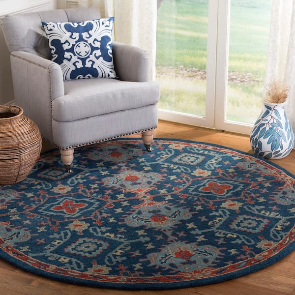 Heritage 4 ft. x 4 ft. Round Blue/Multi Floral Geometric Border Area Rug