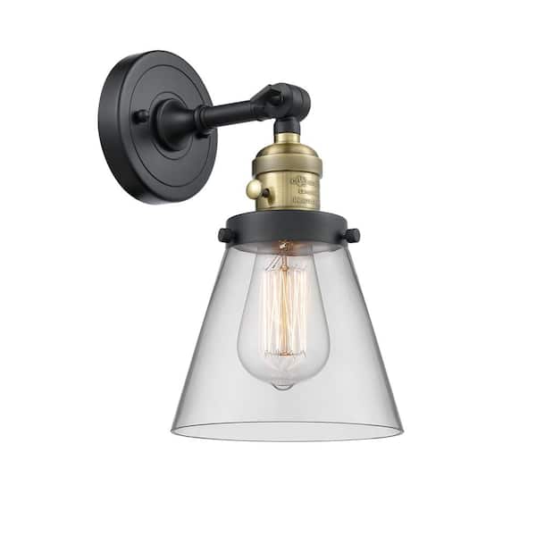 Cone 1-Light Clear, Black Antique Brass Wall Sconce with Clear Glass Shade