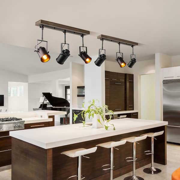 Farmhouse 2 ft. 3-Light Texture Black Spotlights Track Lighting Kit Wood Canopy