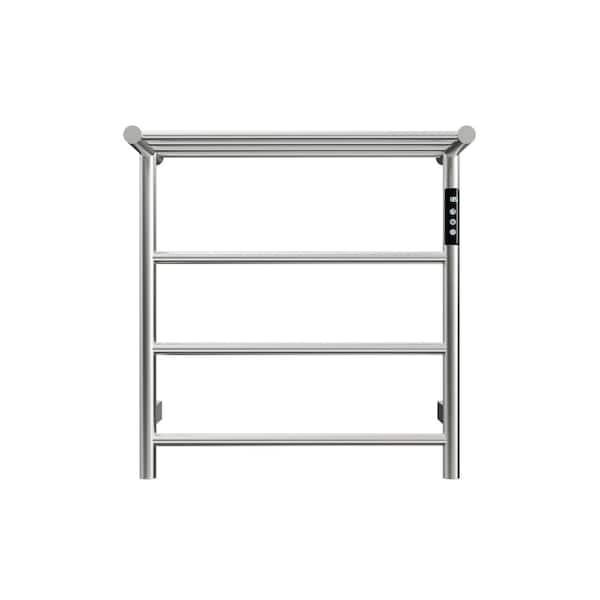 3-Bars Stainless Steel Wall Mounted Electric Towel Warmer Rack with Top Shelf in Silver for Bathroom