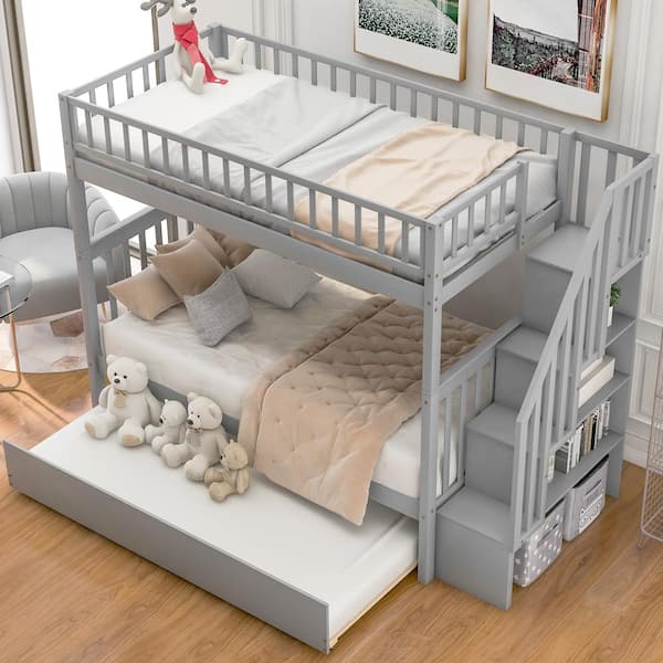 Multi-functional Bunk Beds Twin Over Twin Size, Solid Wood Bunk Beds with Trundle and Stairs for Kids, Gray