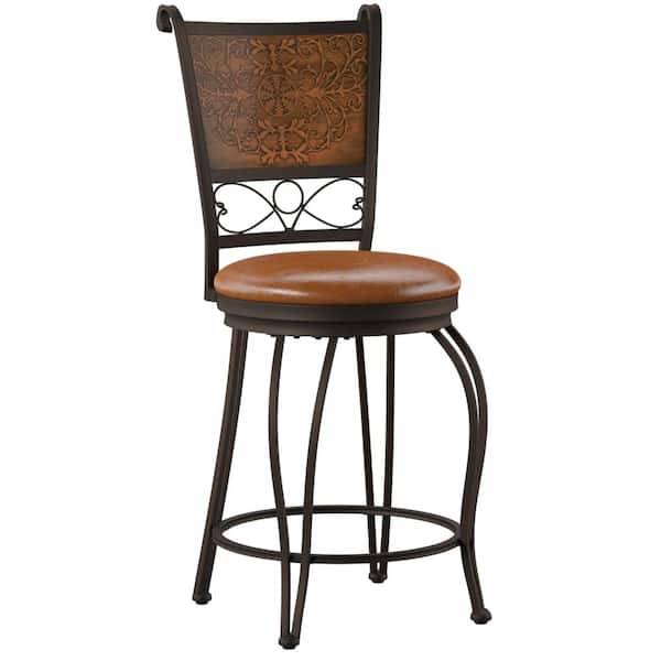 Bryant Stamped 24.25 in. Copper High Back Metal Counter Stool with Faux Leather Seat