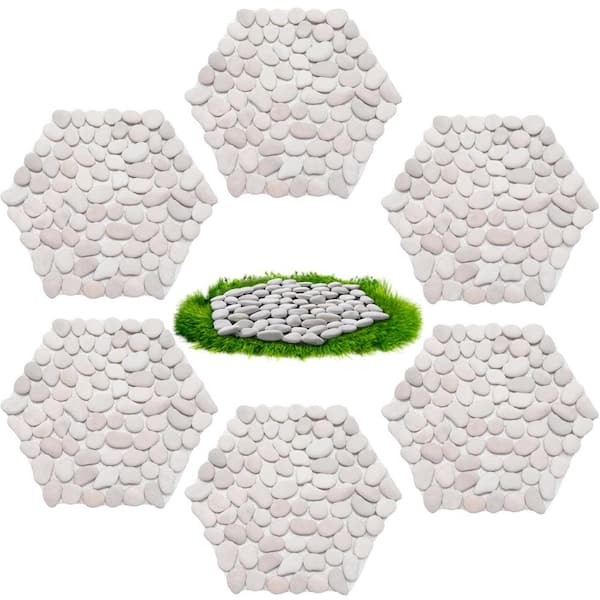 Justincity 11.73 in. x 10.51 in. x 3.11 in. Hexagon White Polished Pebble Decorative River Rock Set Stepping Stone 6-Pieces