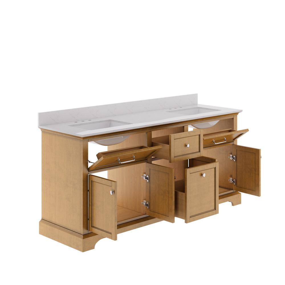 72" Walnut Freestanding Double Bathroom Vanity with Marble Top