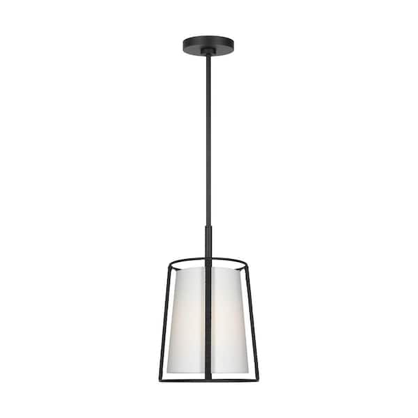 Cortes 10 in. W x 16 in. H 1-Light Midnight Black Transitional Pendant Light with White Linen Fabric Shade