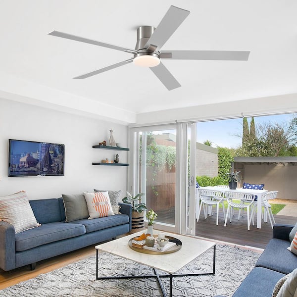 Stylish 60 in. Indoor Brushed Nickel Standard Flush Mount Ceiling Fan with integrated LED, Remote and Quiet DC Motor