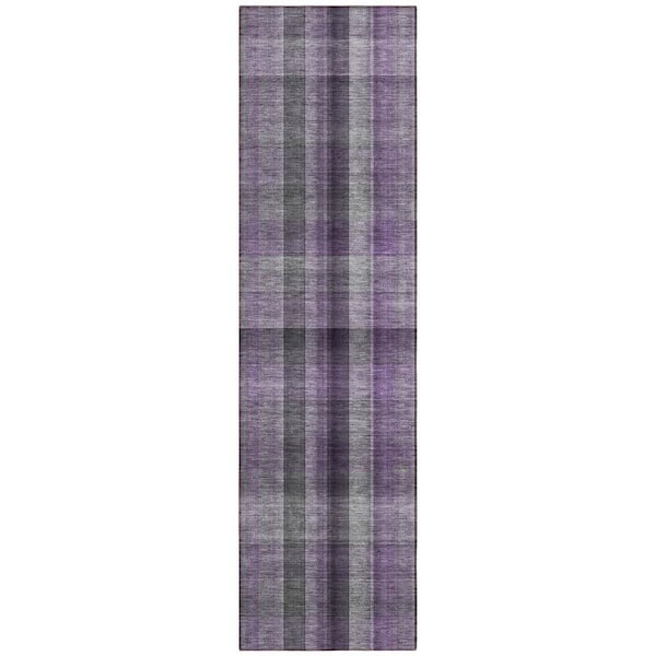Purple, Gray, Black 2 ft. x 8 ft. Woven Plaid Polyester Runner Indoor / Outdoor Area Rug