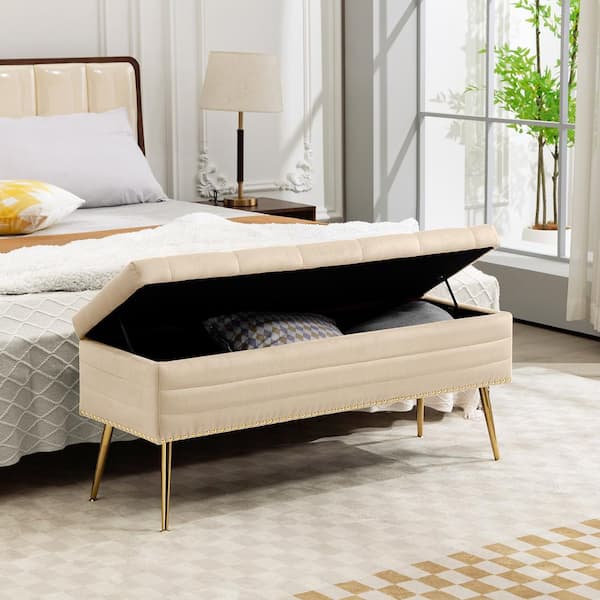 JEAREY Velvet Beige Storage Ottoman Entryway Bench with Gold Base