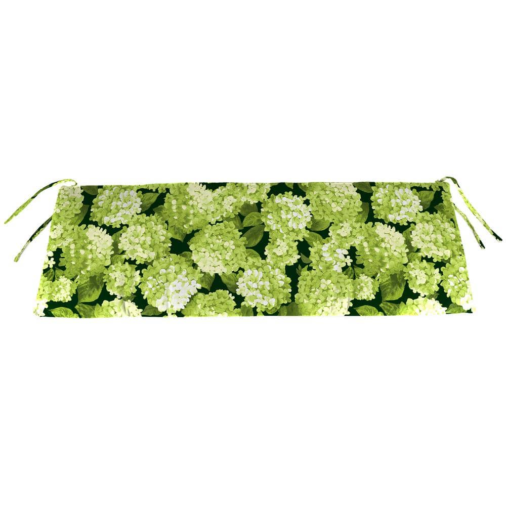 Hydrangea Forest Green Floral Outdoor Bench Cushion with Ties