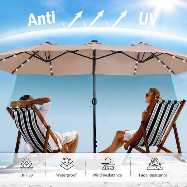 15 ft. Market Patio Umbrella With Lights Base and Sandbags in Beige