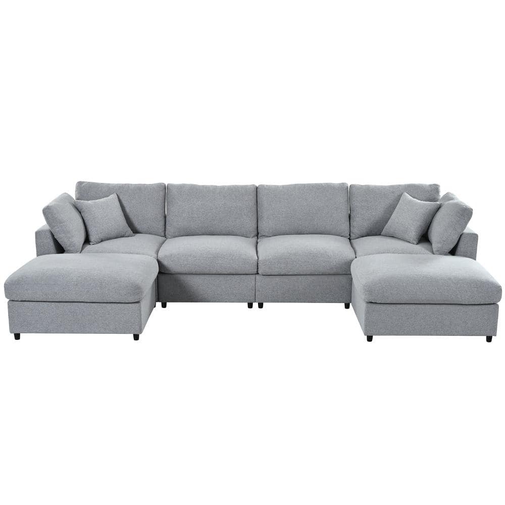 128 in. U-Shaped 6-piece Chenille Modular Sectional Sofa with Movable Ottomans in Grey durable construction