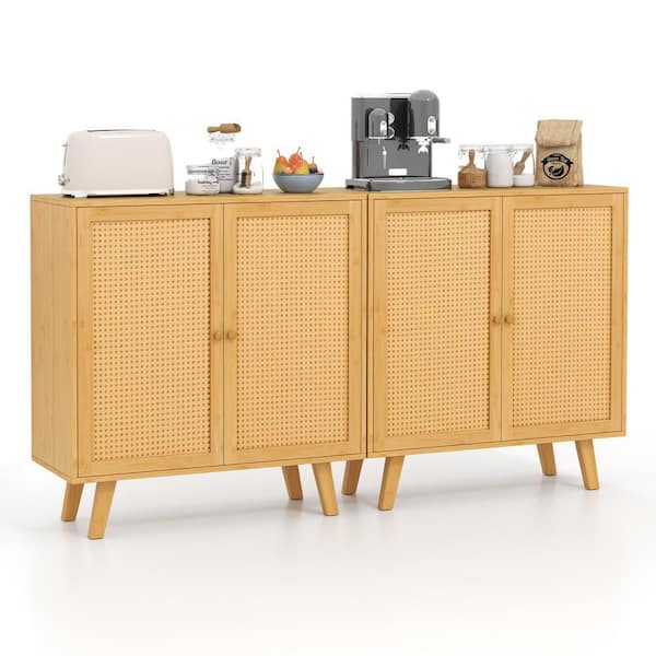 2-Piece Bamboo Buffet Cabinet w/ PE Rattan Doors Freestanding Kitchen Cupboard Natural