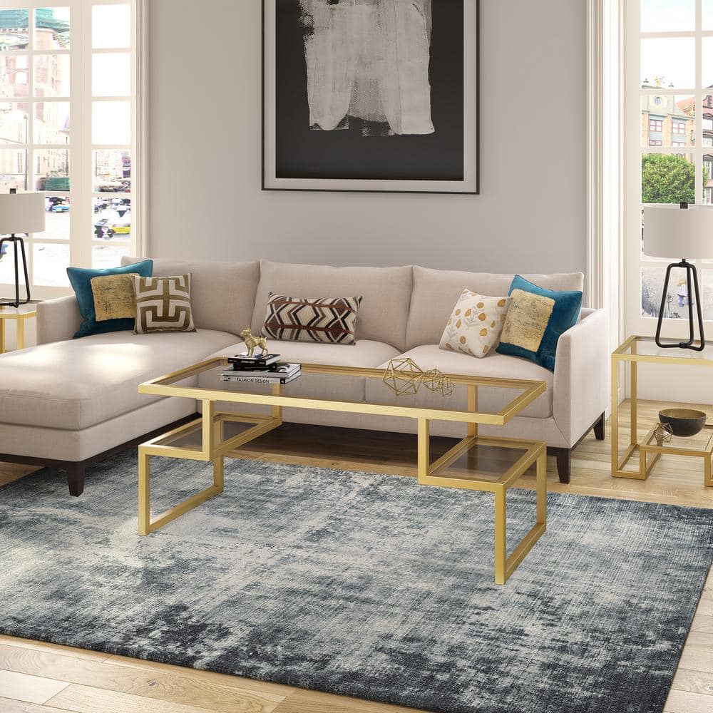 Zander 45" Brass and Glass Rectangular Coffee Table