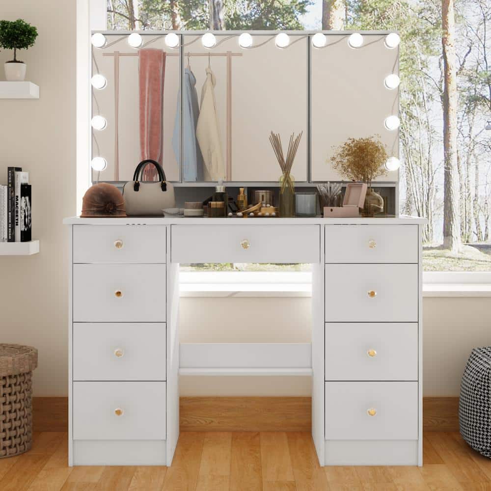 White Makeup Vanity Desk 9 Drawers Wood Dressing Table With 3 LED Bulb Light Mirrors, Glass Top, Hidden Storage Shelves - thumbnail 5