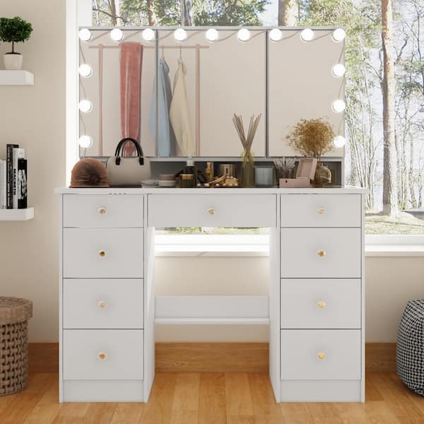 FUFU&GAGA White Wood Big Makeup Vanity Table Dressing Desk with Glass Top,  Dimmable LED Lighted Mirror, 6-Drawers KF210212-012 - The Home Depot