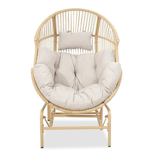 Gymojoy Corina Natural Wicker Outdoor Large Glider Patio Egg Chair with Beige Cushions