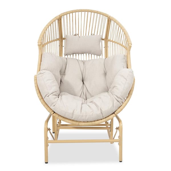 Gymojoy Corina Natural Wicker Outdoor Large Glider Patio Egg Chair with Beige Cushions