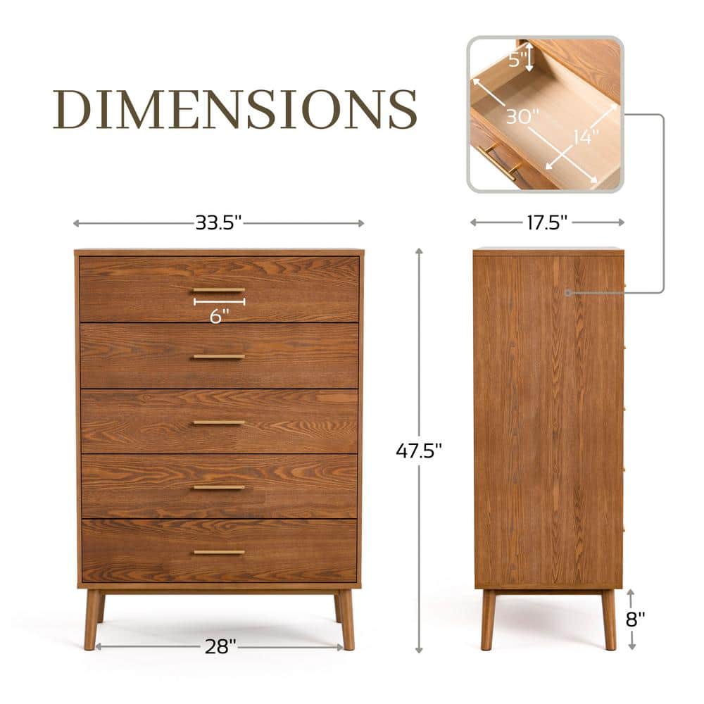Walnut Brown Mid-Century Modern 5-Drawer Chest with Brass Handles