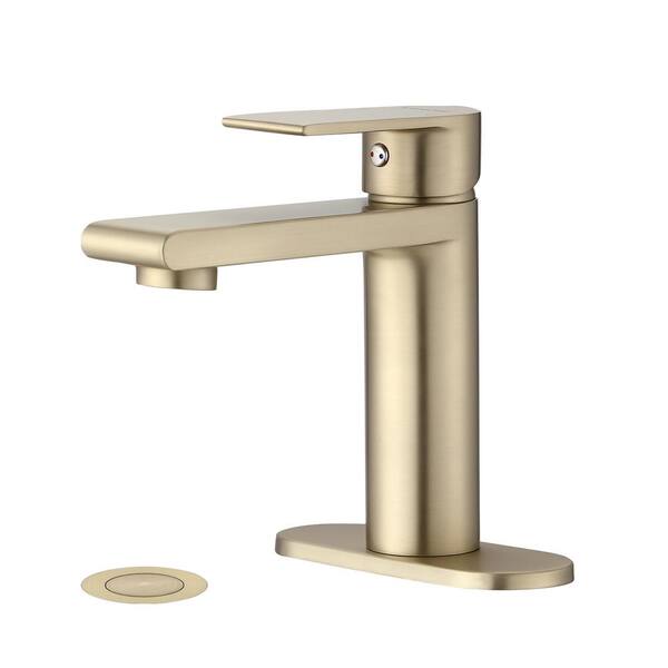 YASINU Karwors Single Hole Single Handle Bathroom Faucet with Pop-Up Sink Drain Stopper and Deck Plate in Brushed Gold