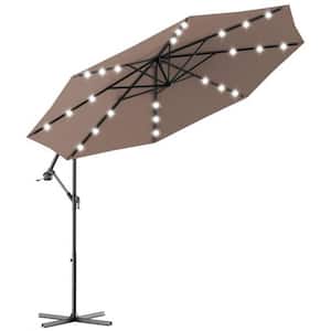 10 ft. Steel Cantilever Solar LED Outdoor Patio Umbrella with Cross Base in Tan