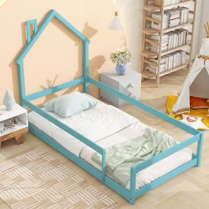 Light Blue Wood Frame Twin Size House Floor Bed with Chimney Design and Fence Guardrails