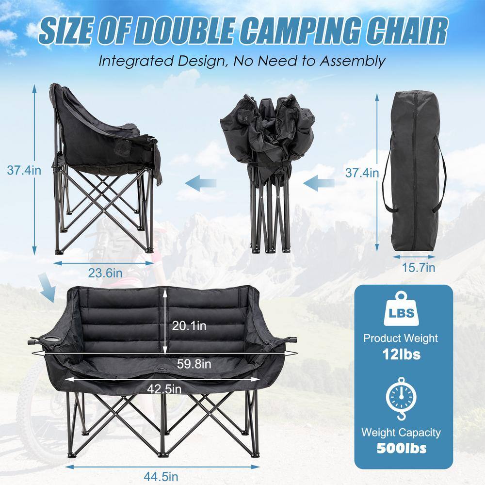 XXXL Black Polyester Double Camping Chair with Arms and Storage Bag