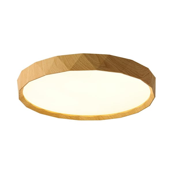 HUOKU Lumin 1-Light 19 in.W Yellow Wood Integrated LED Selectable CCT Fluch Mount Minimalist Vintage Round Drum Ceiling Light