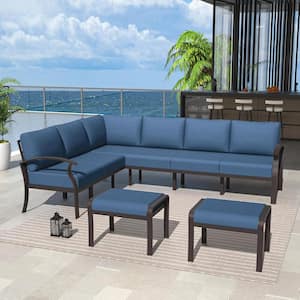 8-Seat Black Aluminum Outdoor Patio Conversation Sectional Setwith Armrest, Ottoman and Cushion Navy Blue