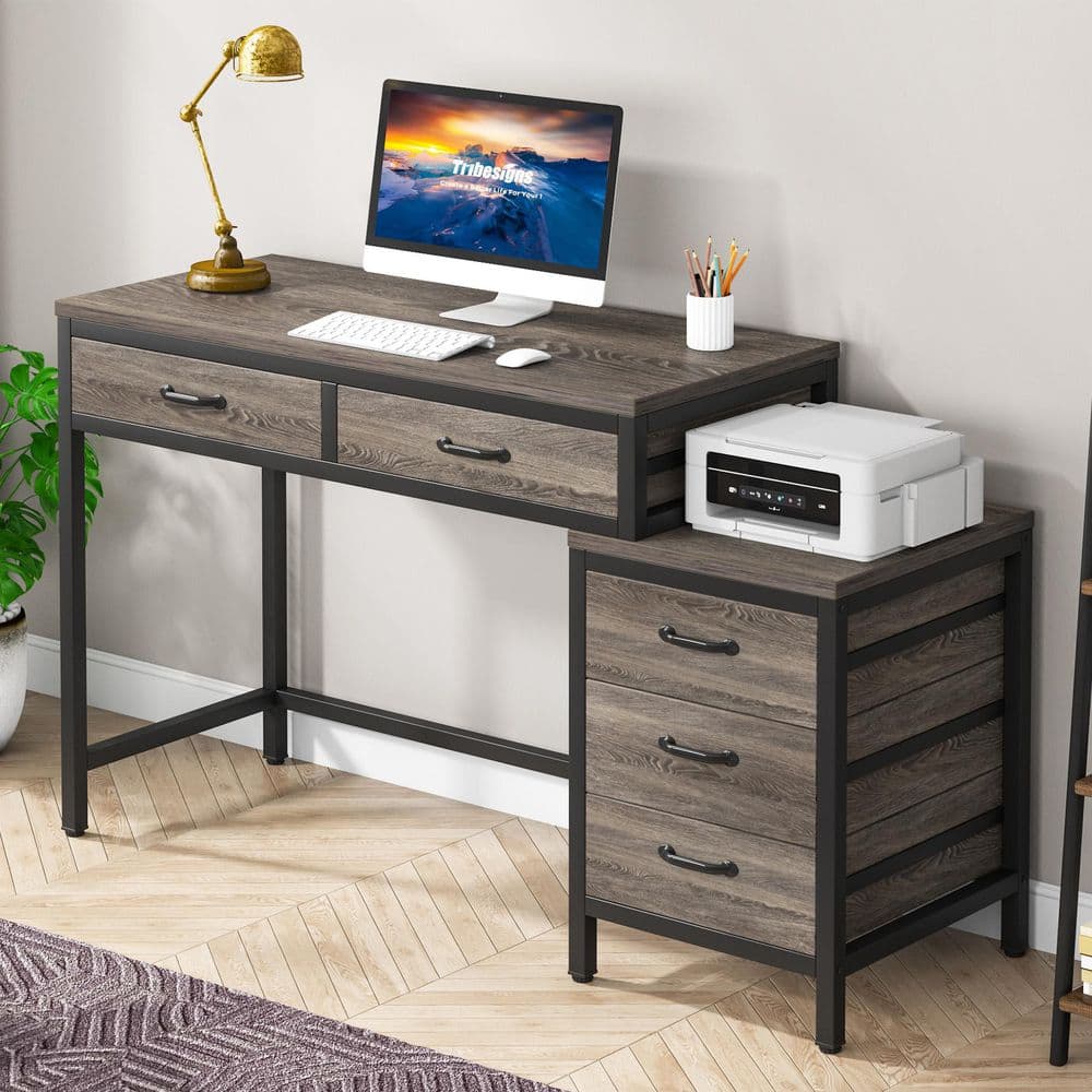 Cassey 51 in. Rectangular Gray Wood 5 Drawer Computer Desk, Reversible Office Desk Study Writing Desk