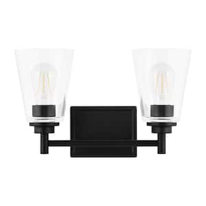 Wakefield 15 in. 2-Light Matte Black Modern Vanity with Clear Glass Shades