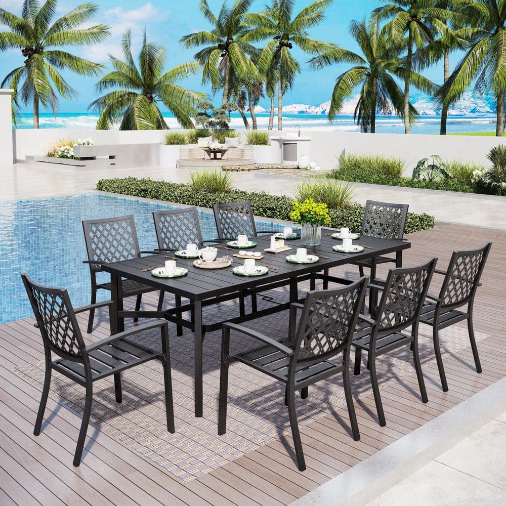 Black 9-Piece Metal Rectangle Outdoor Dining Set
