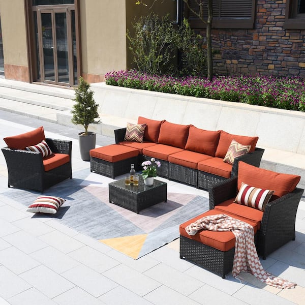 XIZZI Huron Gorden Brown 9-Piece Wicker Outdoor Patio Conversation Sectional Sofa Set with Red Cushions