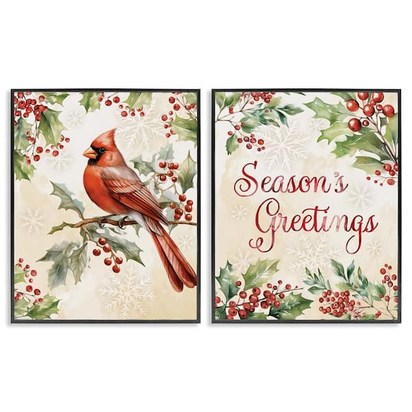 Season's Greetings and Cardinal by Nicole DeCamp 2-Piece Black Framed Giclee Animal Art Print 30 in. x 24 in.