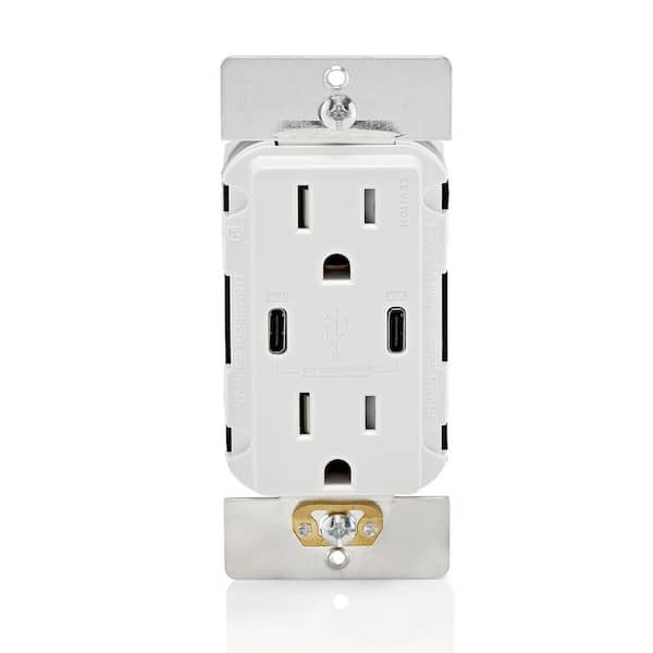 Decora 15 Amp Tamper Resistant Duplex Outlet with 60-Watt USB-C Charger, White (1-Pack) CC1P6-BW