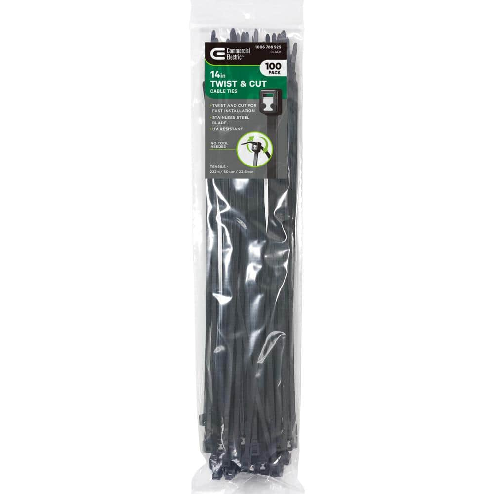 Commercial Electric 14in Twist and Cut UL Listed UV Resistant  Cable Zip Ties 100 Pack UV (Black)