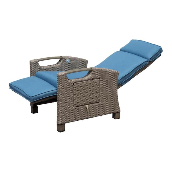 Unbranded Metal Outdoor Chaise Lounge with Blue Cushions, Adjustable Patio Recliner Chair, 6.8 in. Removable Cushions, Navy Blue