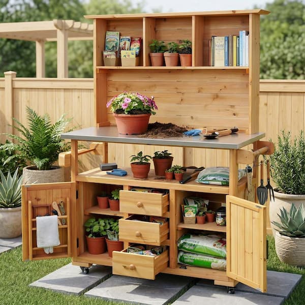 シェルフ Natural Wood 65 in. H 3-in-1 Garden Potting Bench Kitchen Island