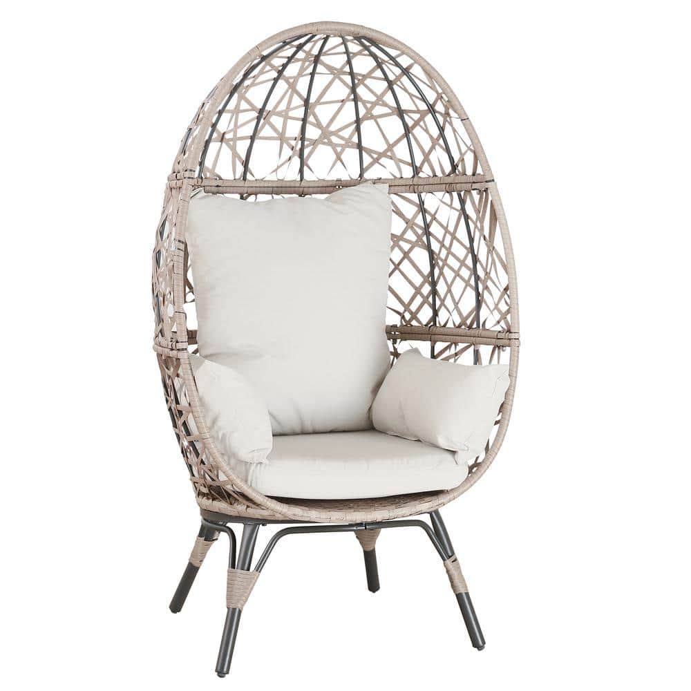 ULAX FURNITURE Indoor/Outdoor Wicker Egg Lounge Chair with Beige ...