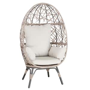 Indoor/Outdoor Wicker Egg Lounge Chair with Beige Cushions