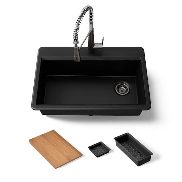 Lassen 33 in. Drop-in Single Bowl Granite Composite Kitchen Workstation Sink in Matte Black with Faucet