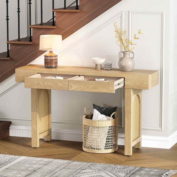 Polibi 51.9 in. Natural Rectangle Wood Console Table Entryway Table ...
