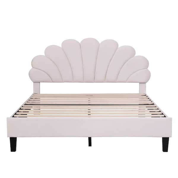 Beige Wood Frame Upholstered Queen Size Platform Bed with Flower Pattern Velvet Headboard